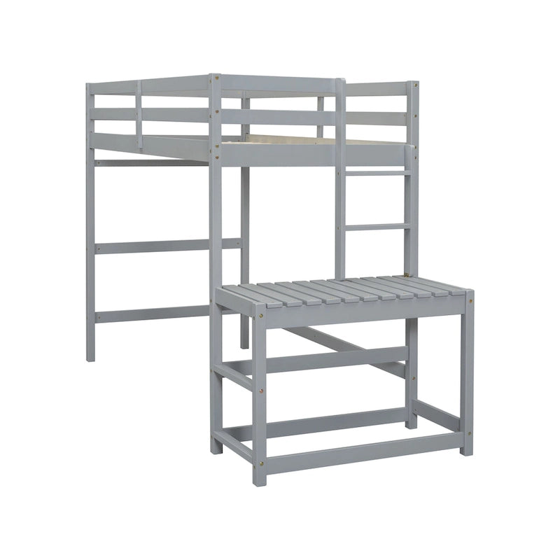 Gray Twin Wood Loft Bed with Platform and Two Ladders