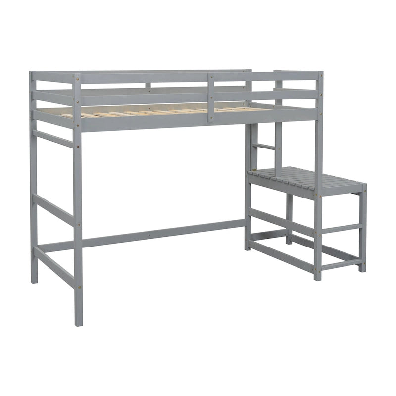 Gray Twin Wood Loft Bed with Platform and Two Ladders