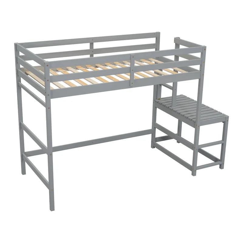 Gray Twin Wood Loft Bed with Platform and Two Ladders