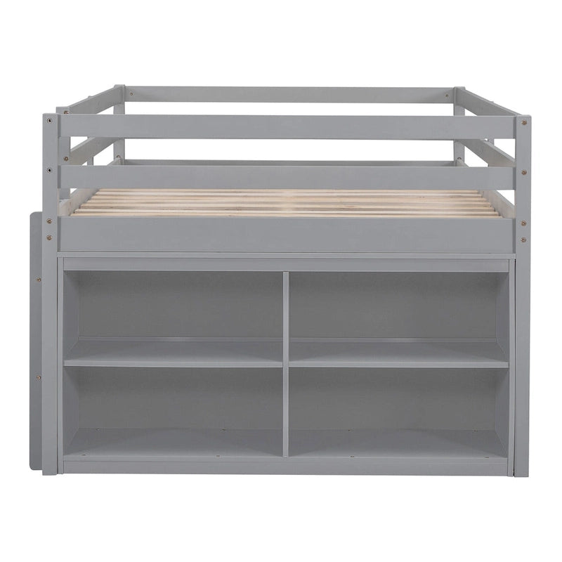 Gray Full Size Solid Wood Loft Bed with Retractable Desk & Drawers