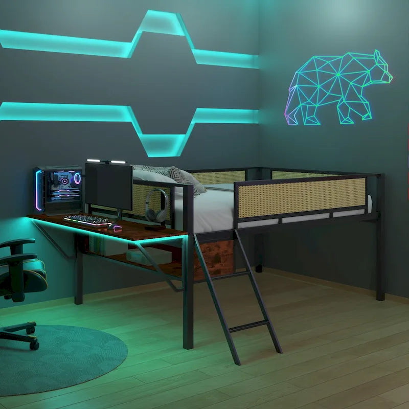 Full Size Metal Loft Bed with Desk, LED Lights and Storage