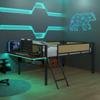 Lit mezzanine entièrement en métal, format double, avec bureau, éclairage LED et rangements
