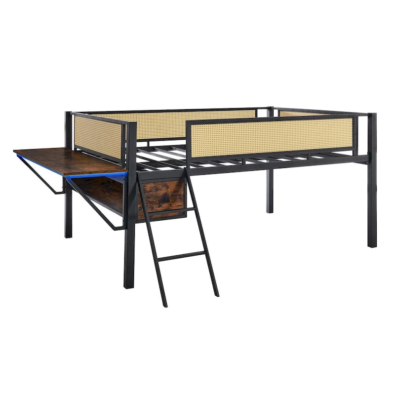 Full Size Metal Loft Bed with Desk, LED Lights and Storage