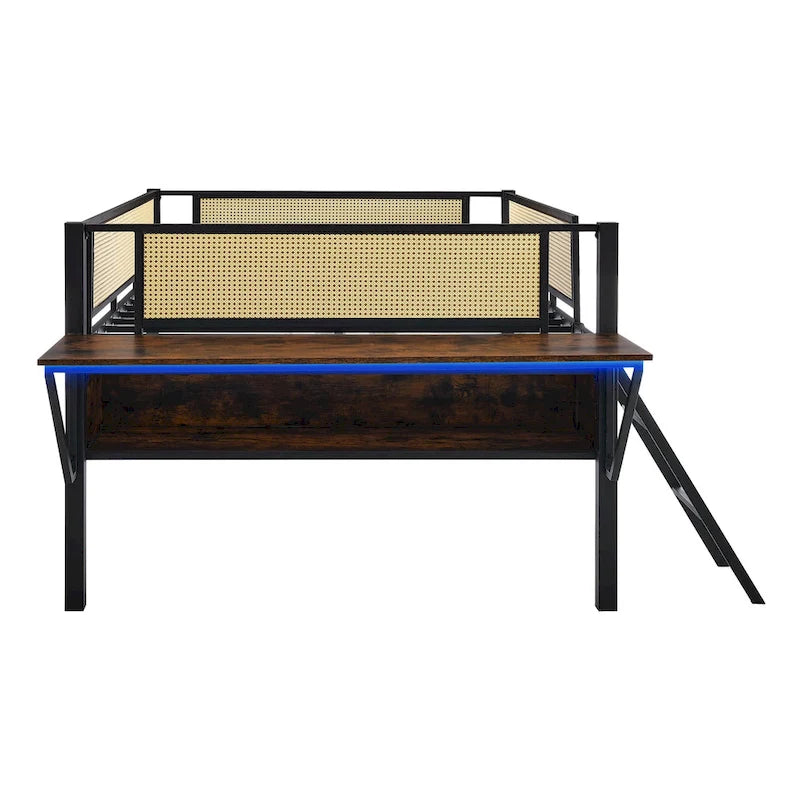 Full Size Metal Loft Bed with Desk, LED Lights and Storage