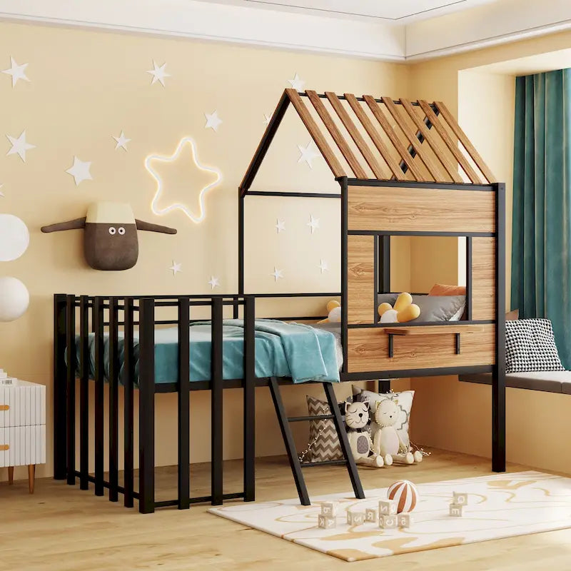 Black Twin House-Style Loft Bed with Roof and Ladder