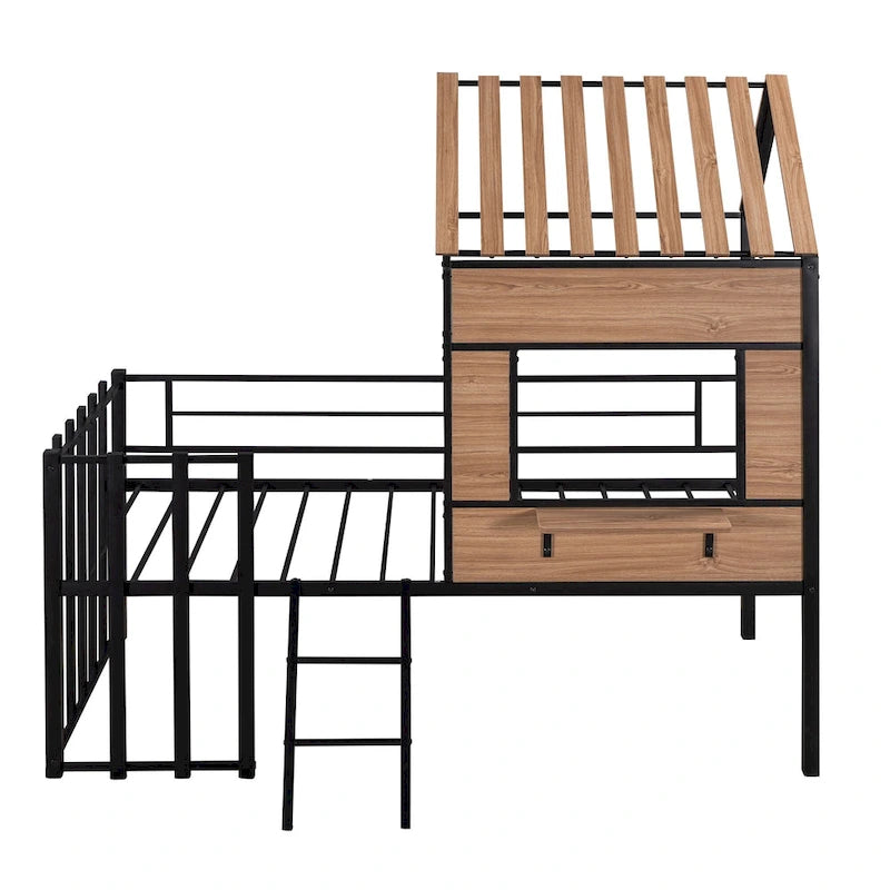 Black Twin House-Style Loft Bed with Roof and Ladder