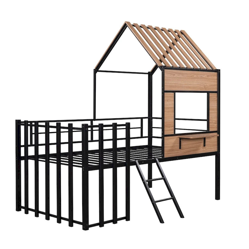 Black Twin House-Style Loft Bed with Roof and Ladder