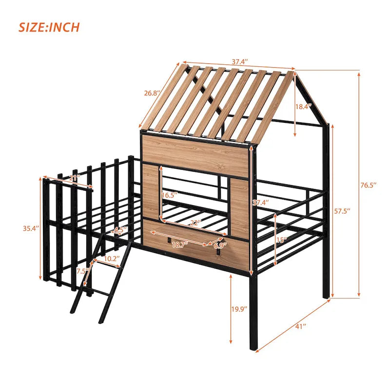 Black Twin House-Style Loft Bed with Roof and Ladder