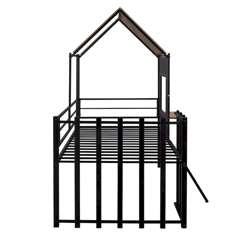 Black Twin House-Style Loft Bed with Roof and Ladder