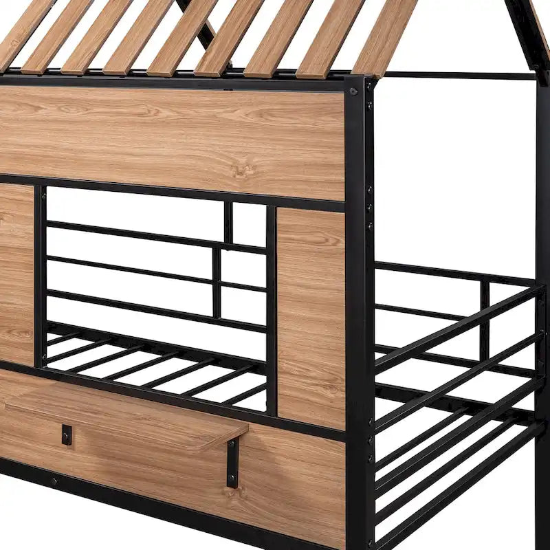 Black Twin House-Style Loft Bed with Roof and Ladder