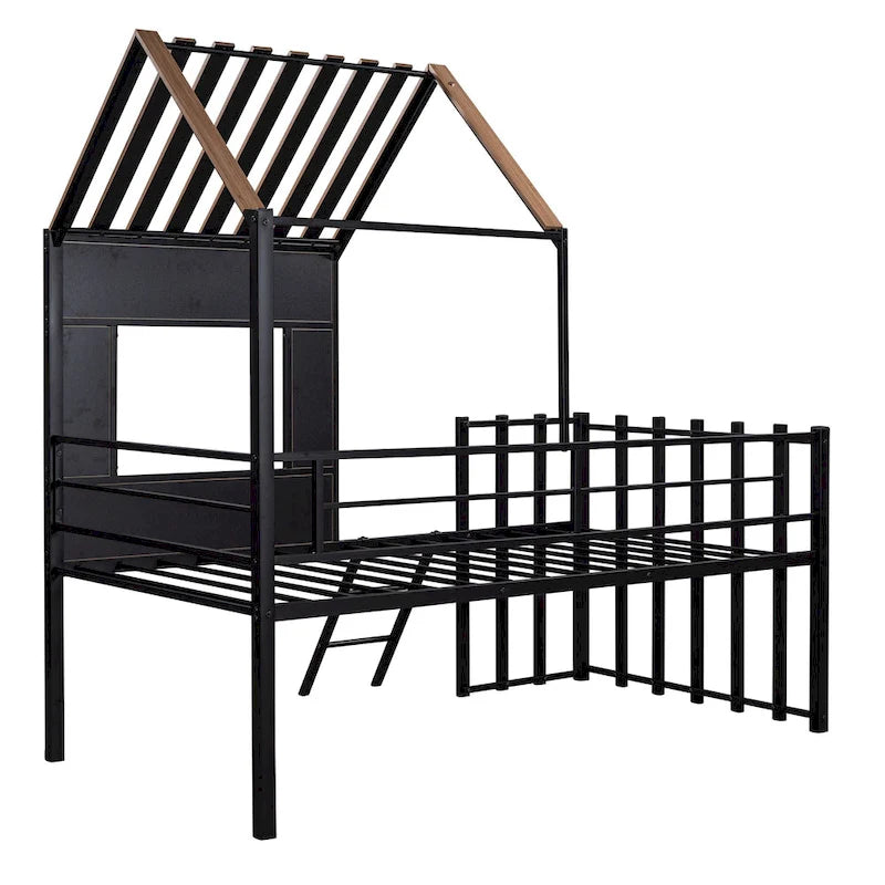 Black Twin House-Style Loft Bed with Roof and Ladder