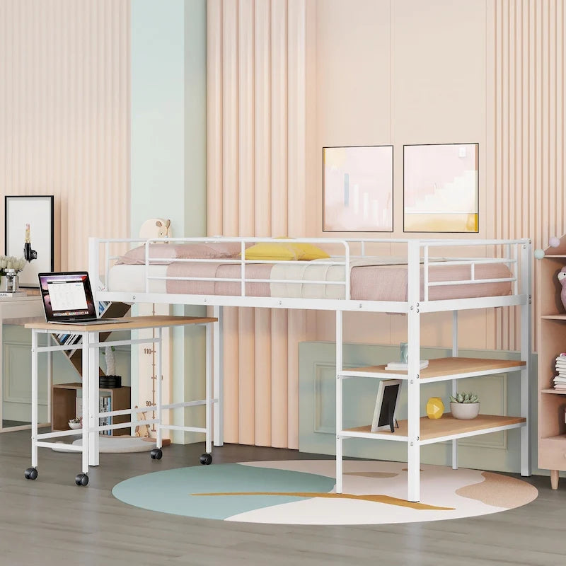 White Twin Metal Loft Bed with Rolling Desk and Bookshelves