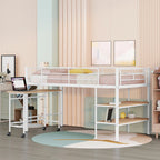 White Twin Metal Loft Bed with Desk & Shelves