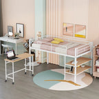Cama alta de metal blanca tamaño individual con escritorio deslizable y estanterías para libros