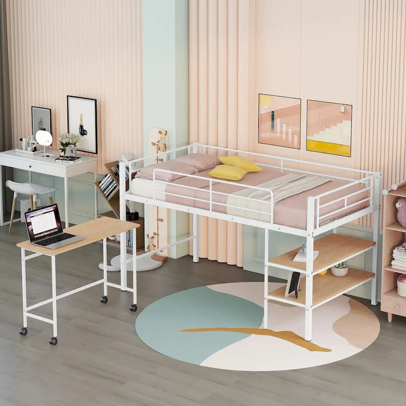 White Twin Metal Loft Bed with Rolling Desk and Bookshelves