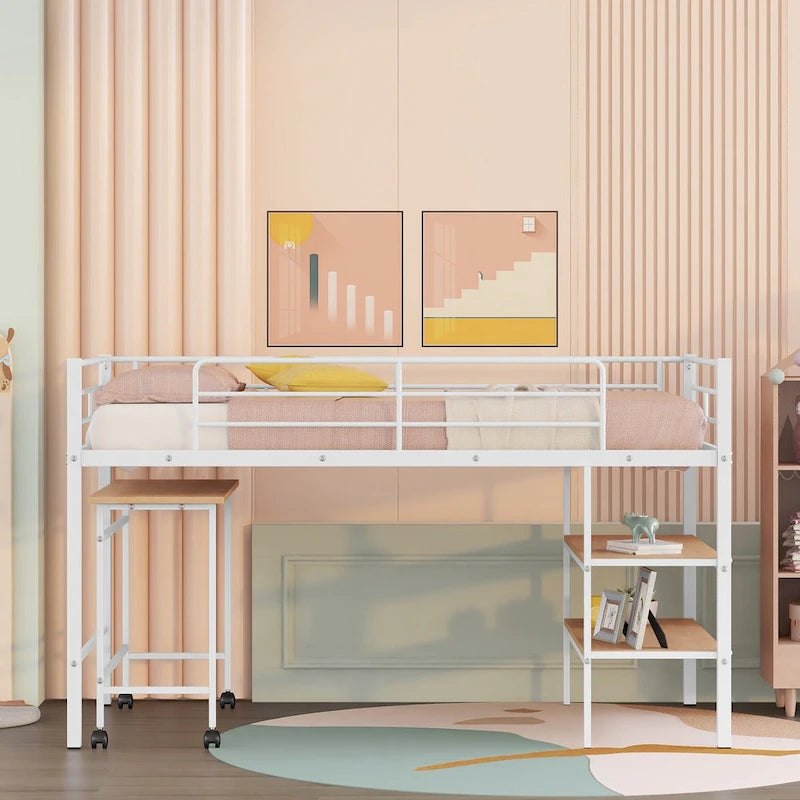 White Twin Metal Loft Bed with Rolling Desk and Bookshelves