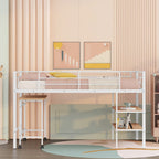 Cama alta de metal blanca tamaño individual con escritorio deslizable y estanterías para libros