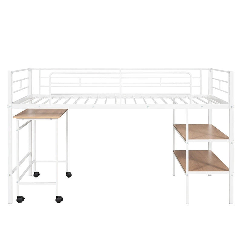 White Twin Metal Loft Bed with Rolling Desk and Bookshelves
