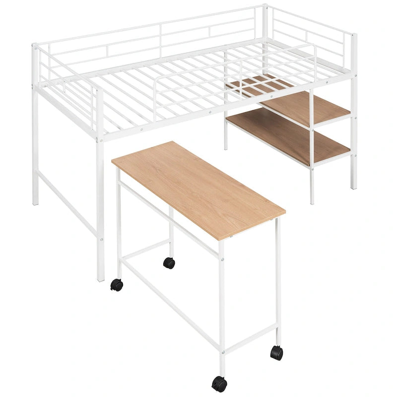 White Twin Metal Loft Bed with Rolling Desk and Bookshelves