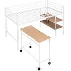 Cama alta de metal blanca tamaño individual con escritorio deslizable y estanterías para libros