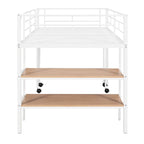 Cama alta de metal blanca tamaño individual con escritorio deslizable y estanterías para libros