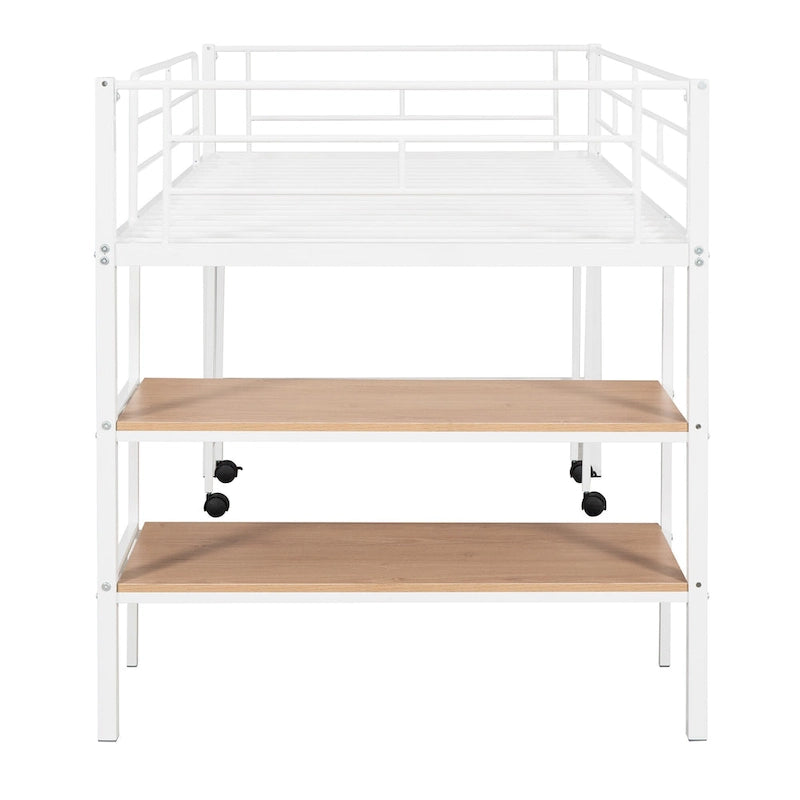 White Twin Metal Loft Bed with Rolling Desk and Bookshelves