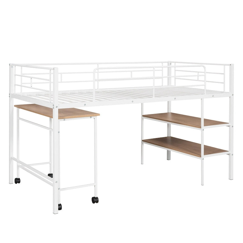 White Twin Metal Loft Bed with Rolling Desk and Bookshelves
