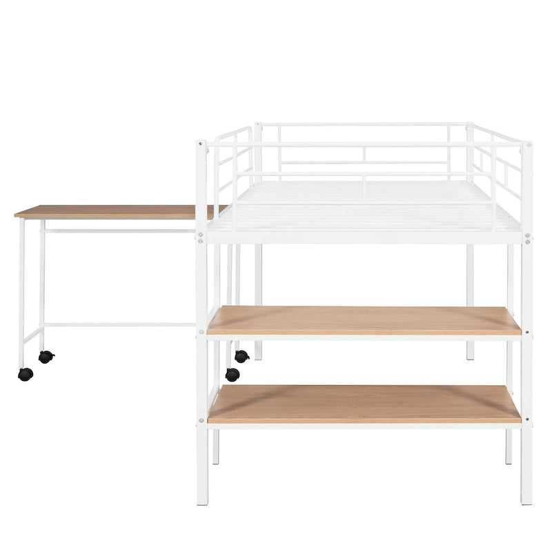 White Twin Metal Loft Bed with Rolling Desk and Bookshelves