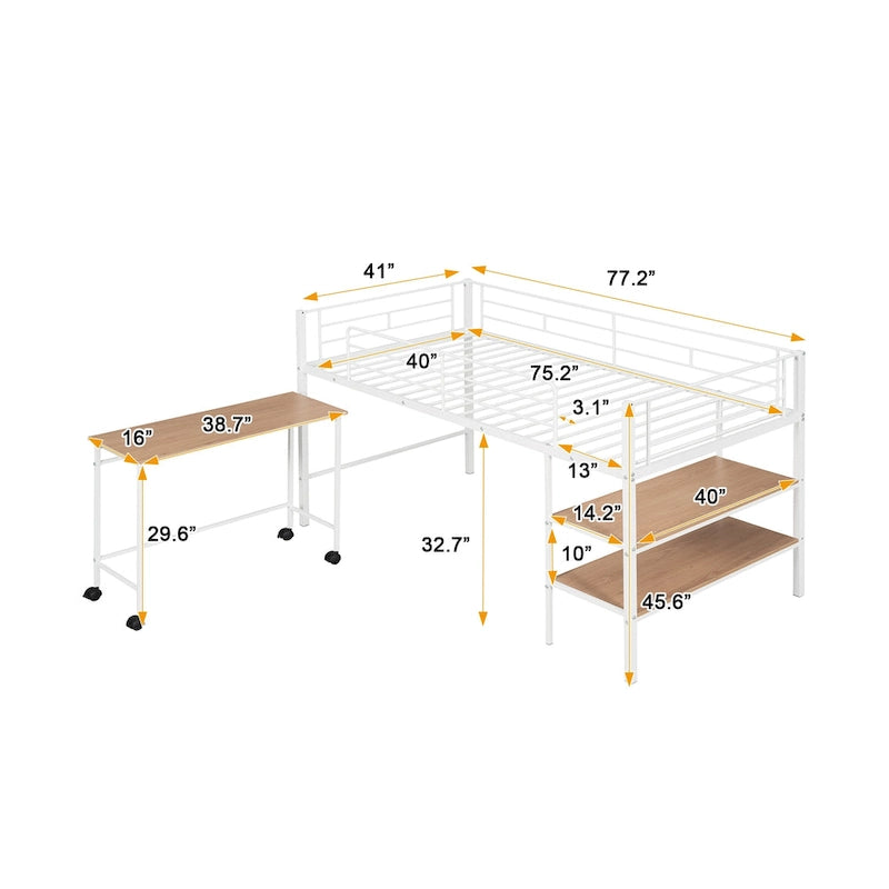 White Twin Metal Loft Bed with Rolling Desk and Bookshelves