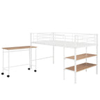 Cama alta de metal blanca tamaño individual con escritorio deslizable y estanterías para libros