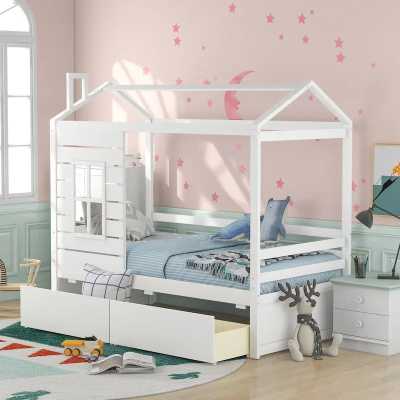 Twin House Bed with Two Storage Drawers and Guardrails