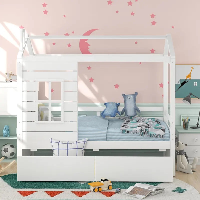Twin House Bed with Two Storage Drawers and Guardrails