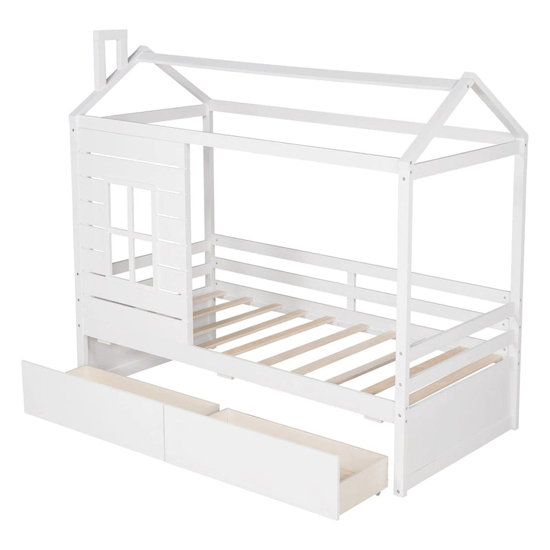 Twin House Bed with Two Storage Drawers and Guardrails