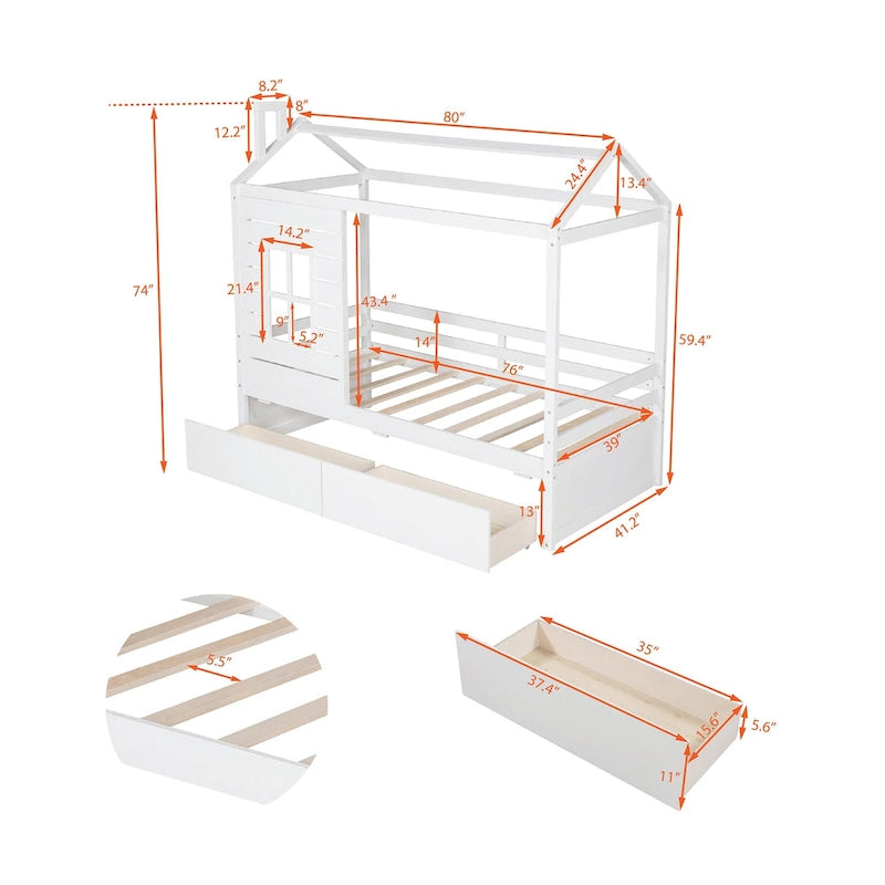 Twin House Bed with Two Storage Drawers and Guardrails