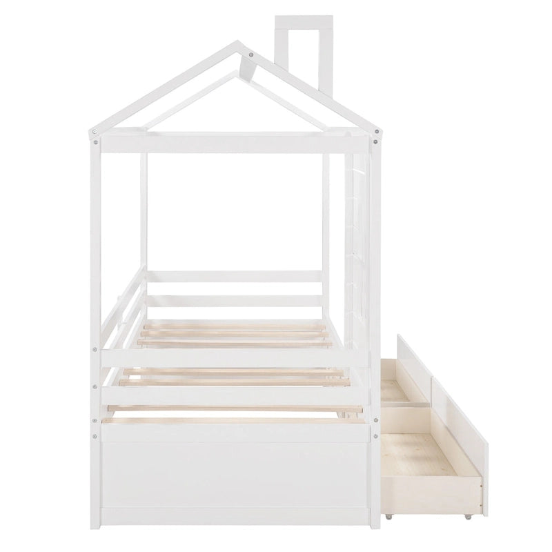 Twin House Bed with Two Storage Drawers and Guardrails