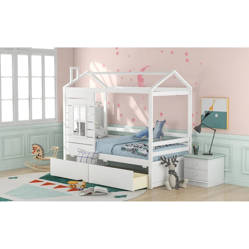 Twin House Bed with Two Storage Drawers and Guardrails