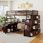 Letto a soppalco matrimoniale in legno di pino color espresso con scrivania e contenitore