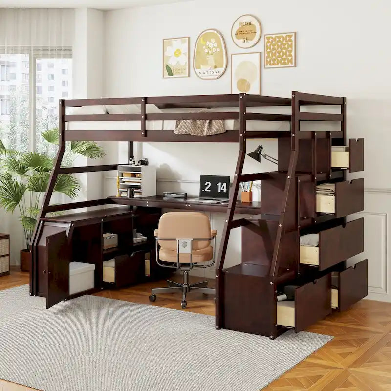 Full Size Espresso Pine Wood Loft Bed with Desk and Storage