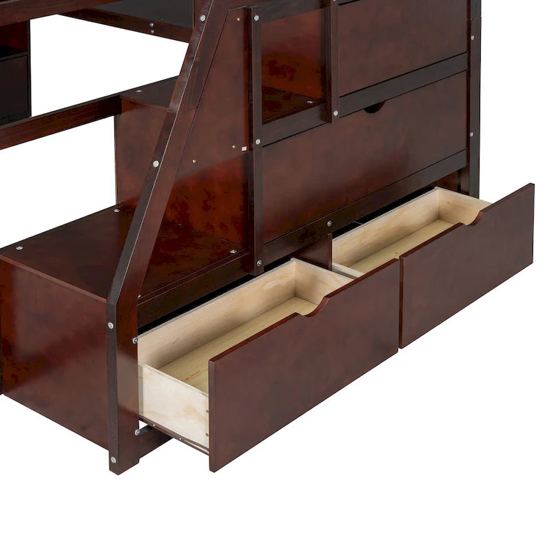 Full Size Espresso Pine Wood Loft Bed with Desk and Storage