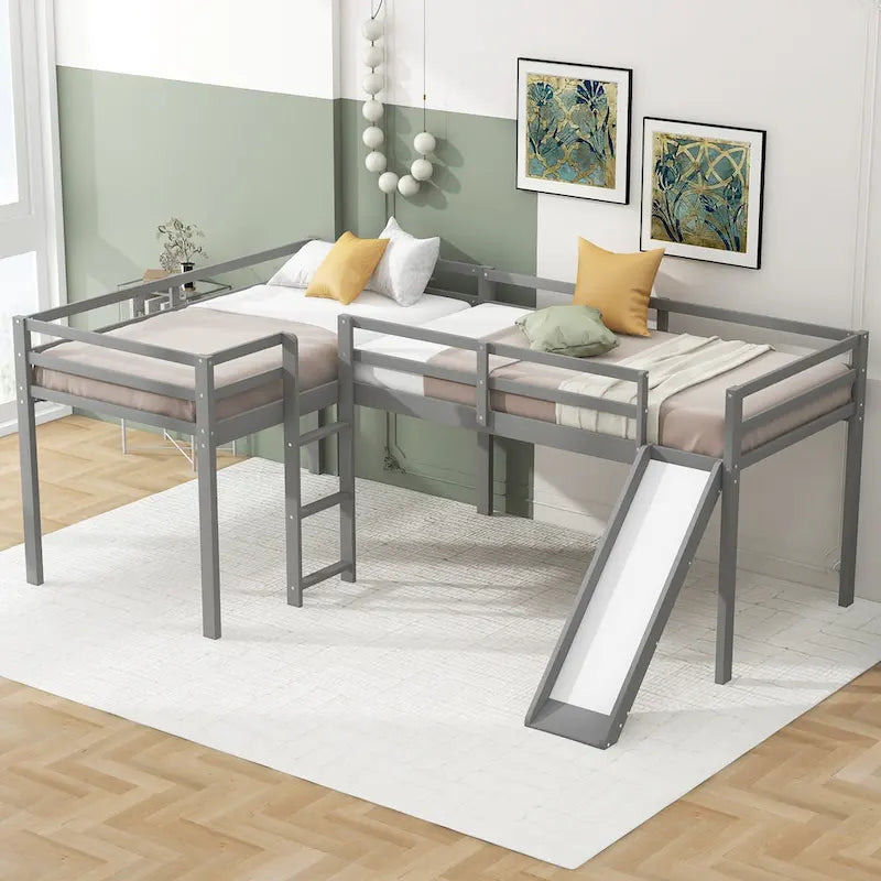 Twin L-Shaped Loft Bed with Slide