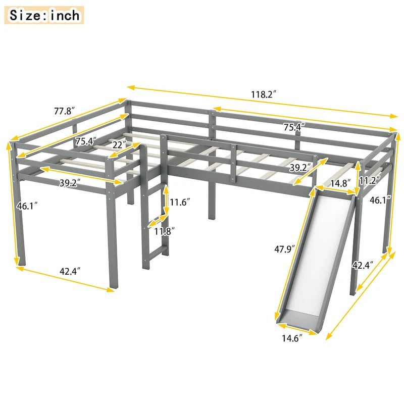 Twin L-Shaped Loft Bed with Slide