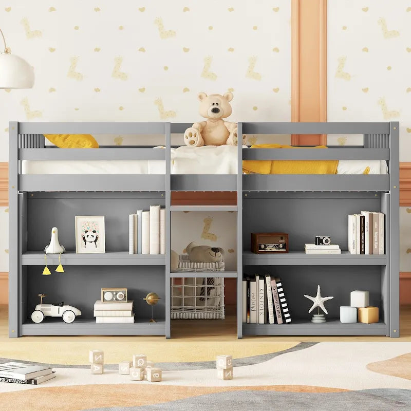 Grey Twin Low Loft Bed with Storage Shelves and LED Light