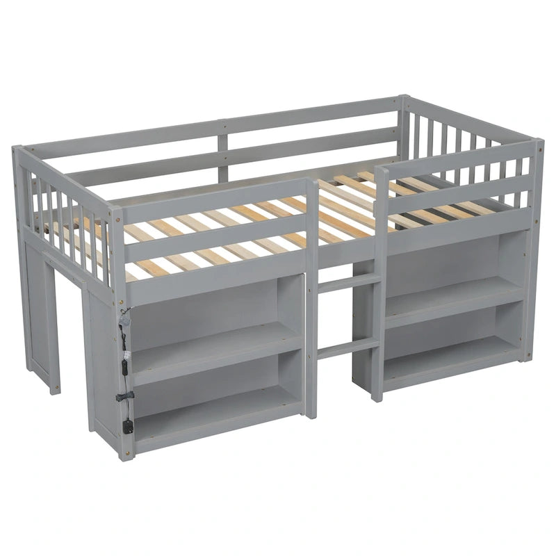 Grey Twin Low Loft Bed with Storage Shelves and LED Light