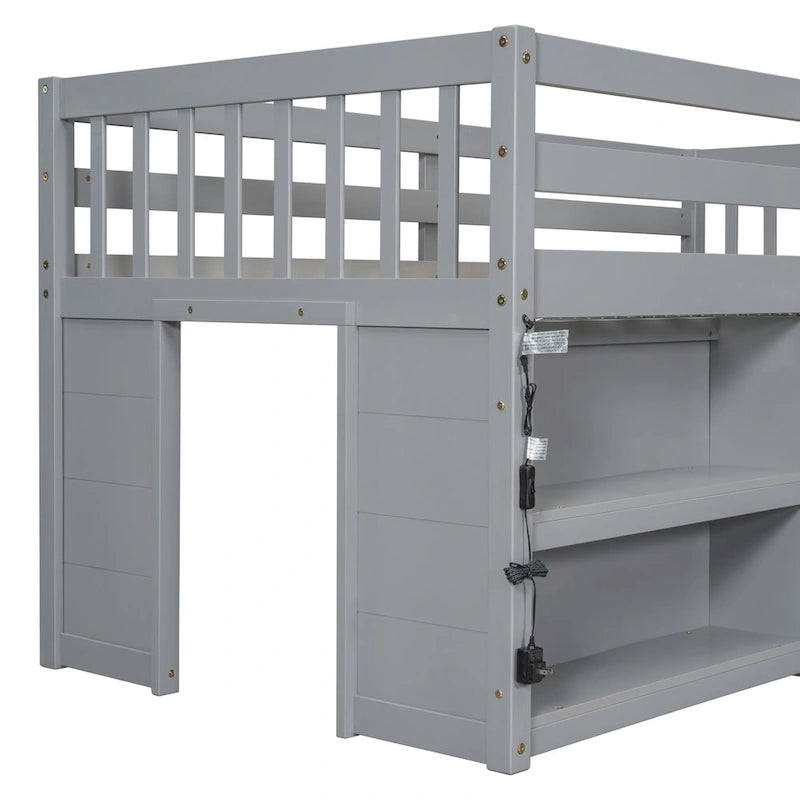 Grey Twin Low Loft Bed with Storage Shelves and LED Light