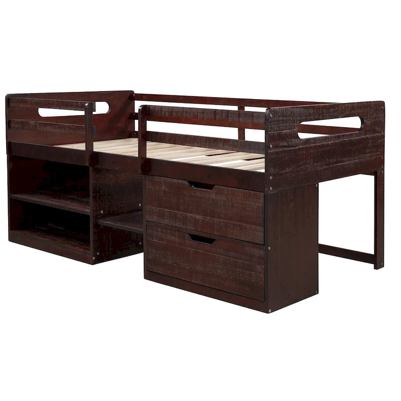Twin Wood Loft Bed with Shelves and Drawers