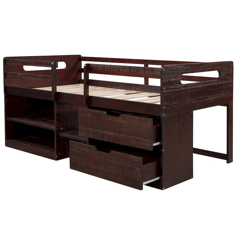 Twin Wood Loft Bed with Shelves and Drawers