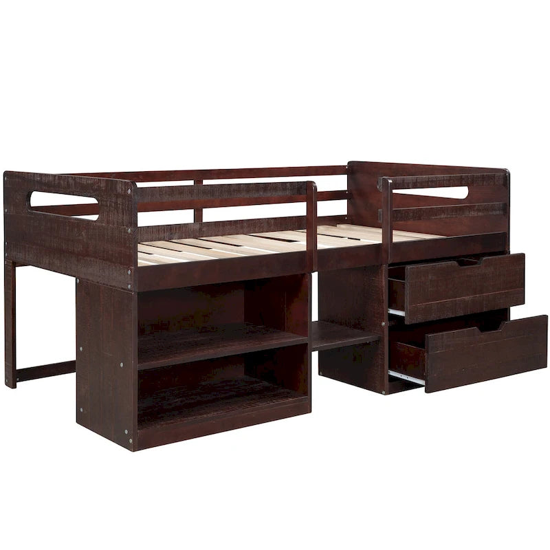 Twin Wood Loft Bed with Shelves and Drawers