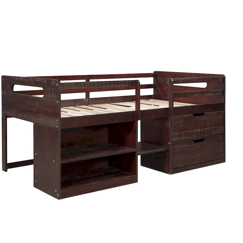 Twin Wood Loft Bed with Shelves and Drawers