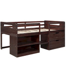 Letto a soppalco singolo in legno con mensole e cassetti