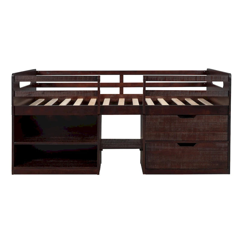 Twin Wood Loft Bed with Shelves and Drawers